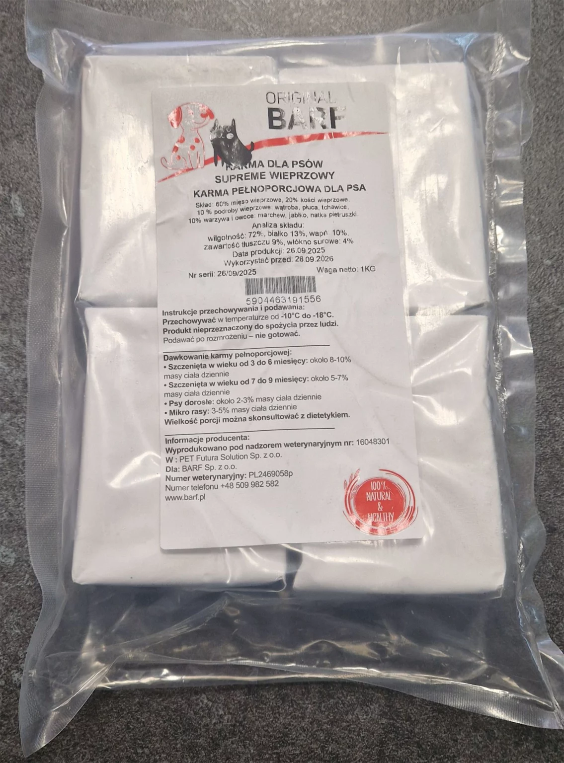 Supreme wieprzowa 4 x 250 g, surowa karma BARF Original