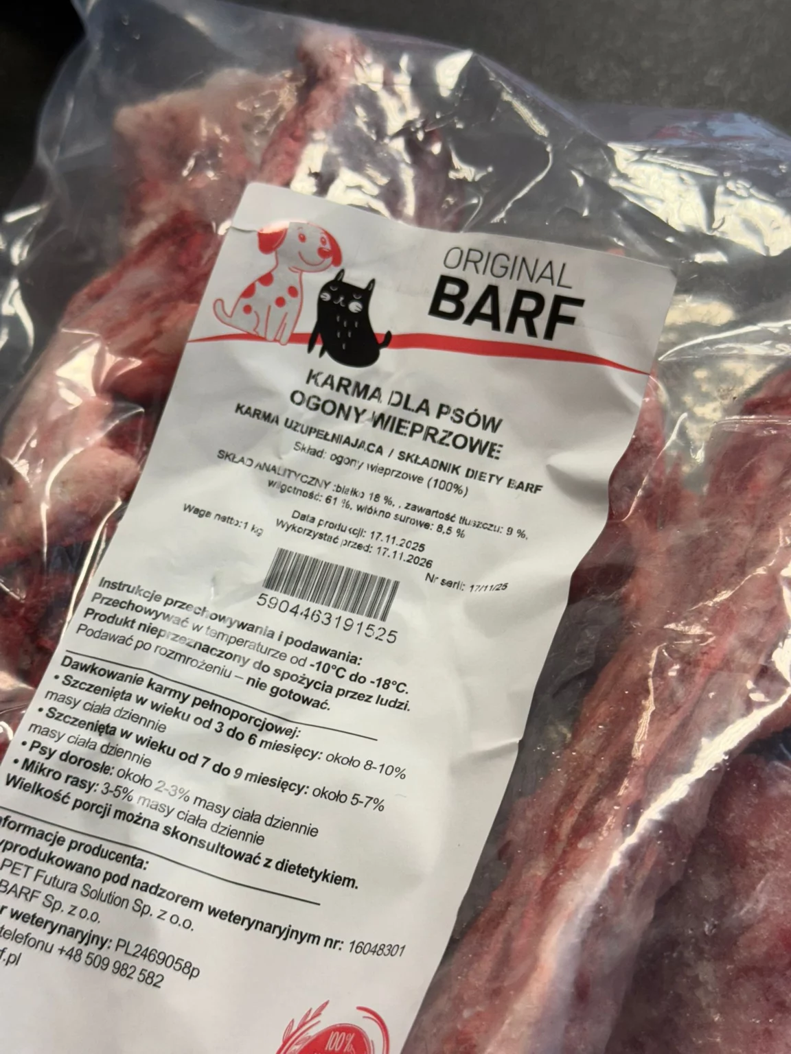 Ogony wieprzowe 1 kg, surowa karma BARF Original