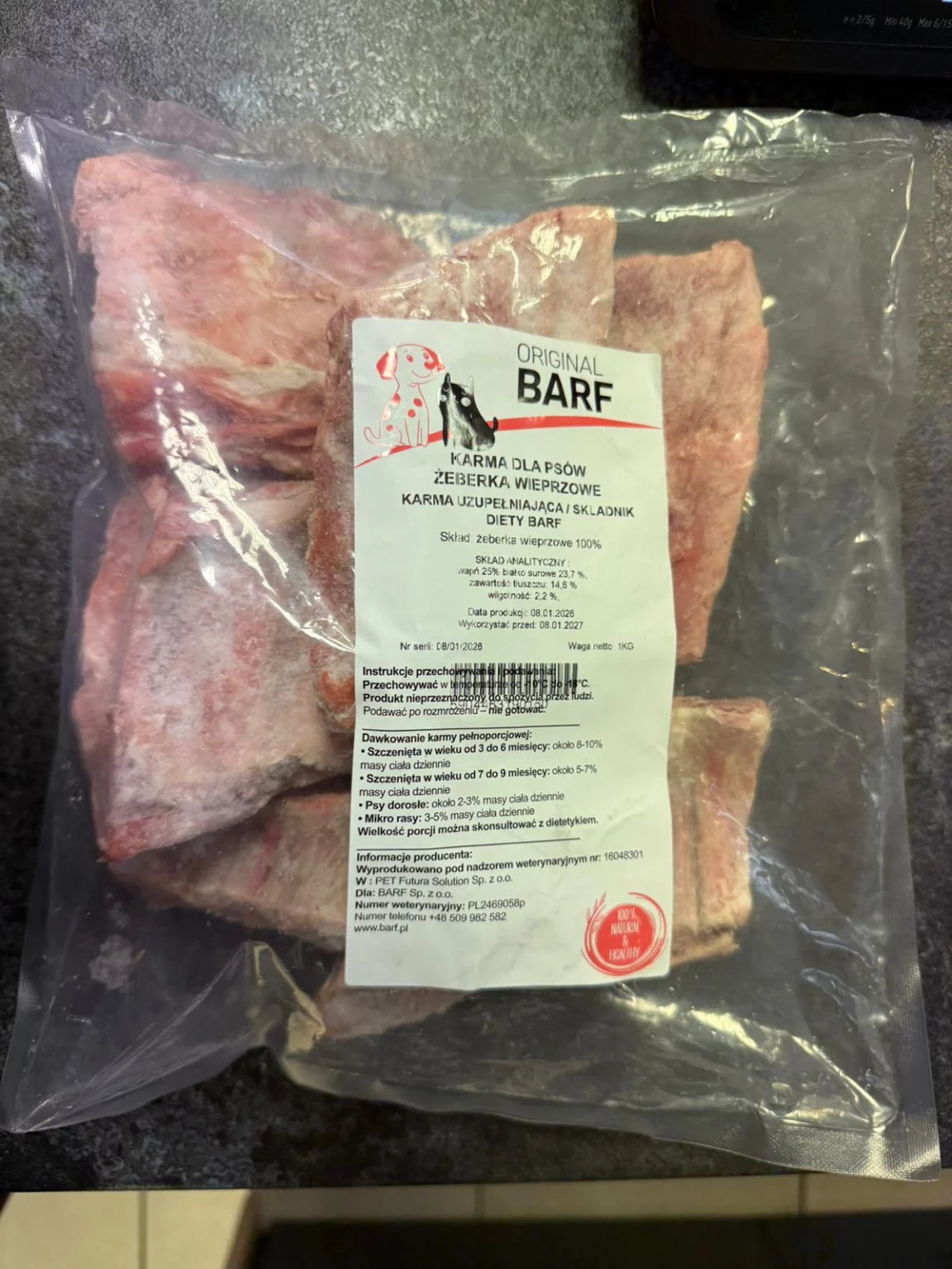 Żeberka wieprzowe 1 kg, surowa karma BARF Original