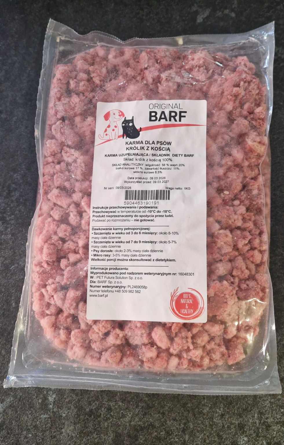 Królik z kością 1 kg, surowa karma BARF Original